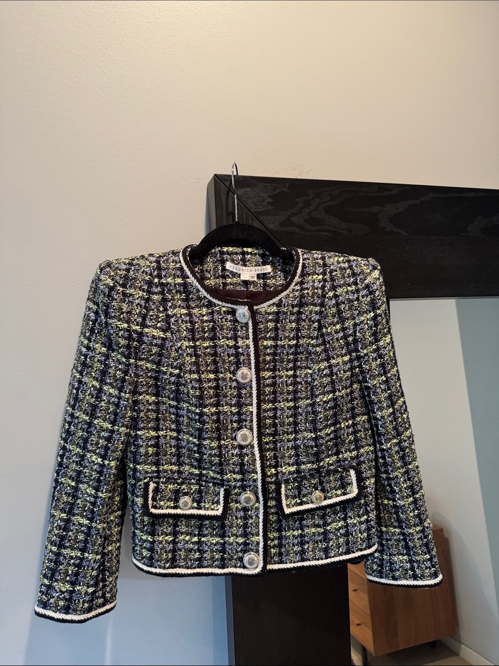 Veronica Beard Navy & Green Tweed Cropped Blazer